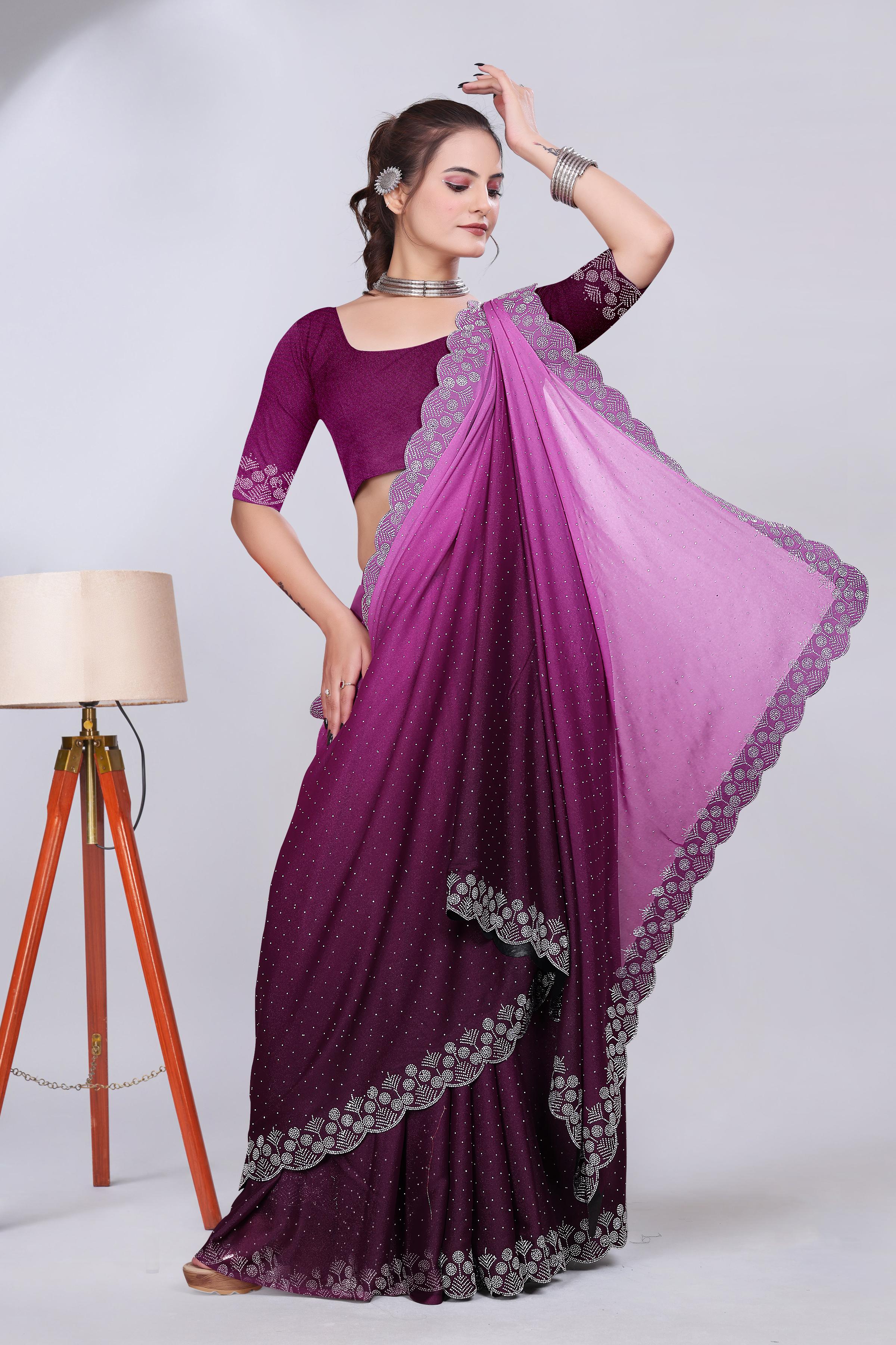 Wine Diamond Work Chiffon Designer Saree