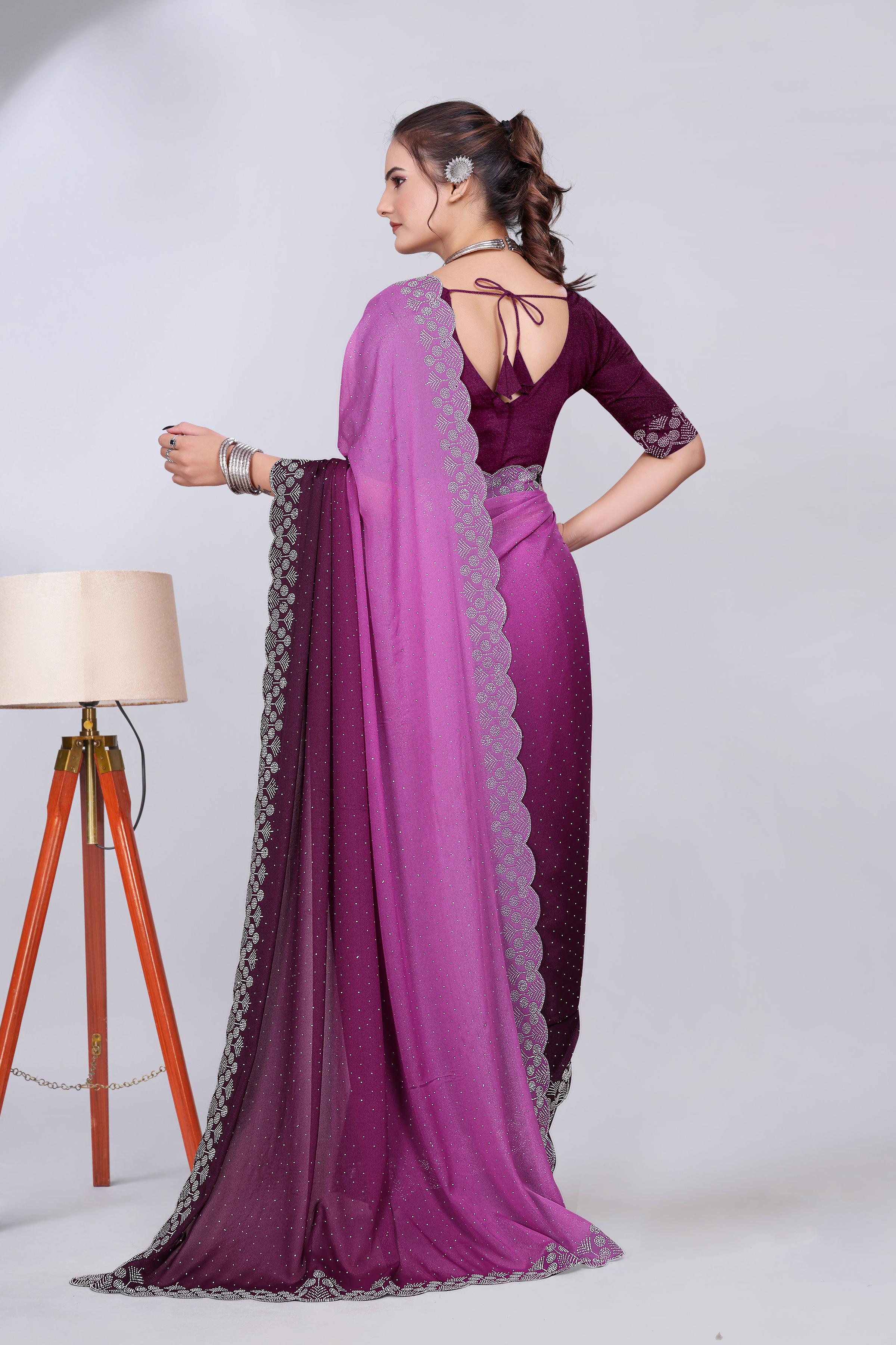 Wine Diamond Work Chiffon Designer Saree