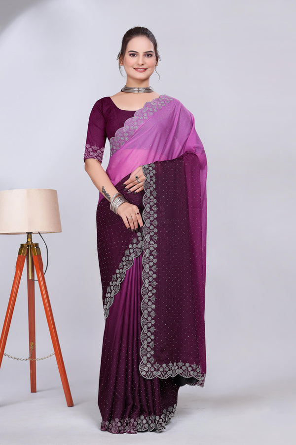 Wine Diamond Work Chiffon Designer Saree