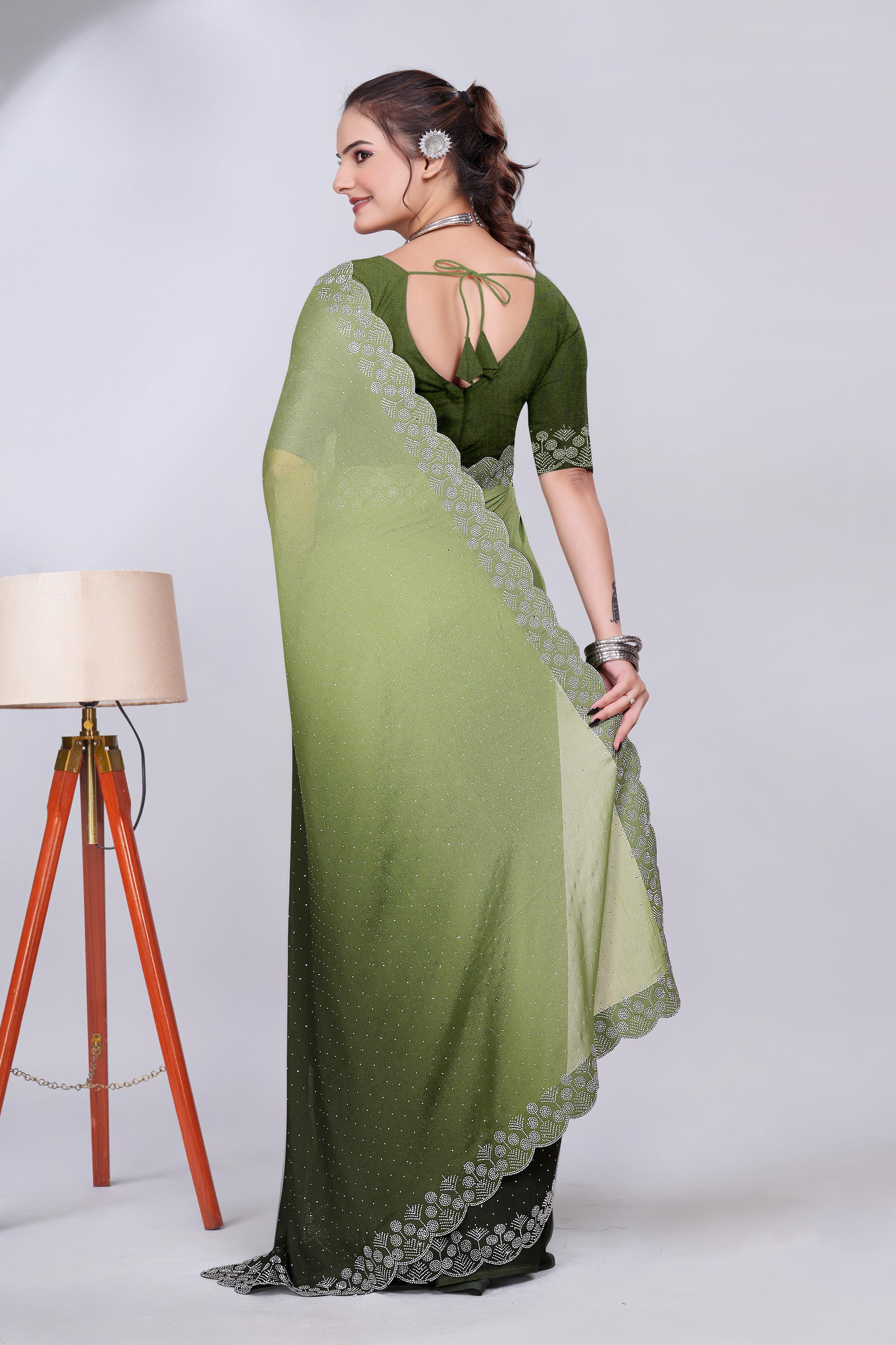 Olive Green Diamond Work Chiffon Designer Saree