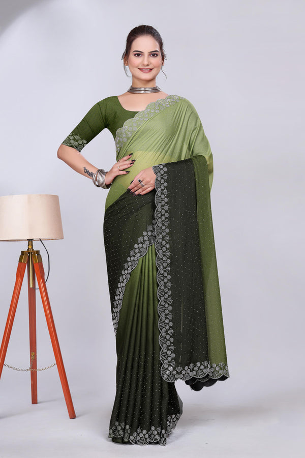Olive Green Diamond Work Chiffon Designer Saree