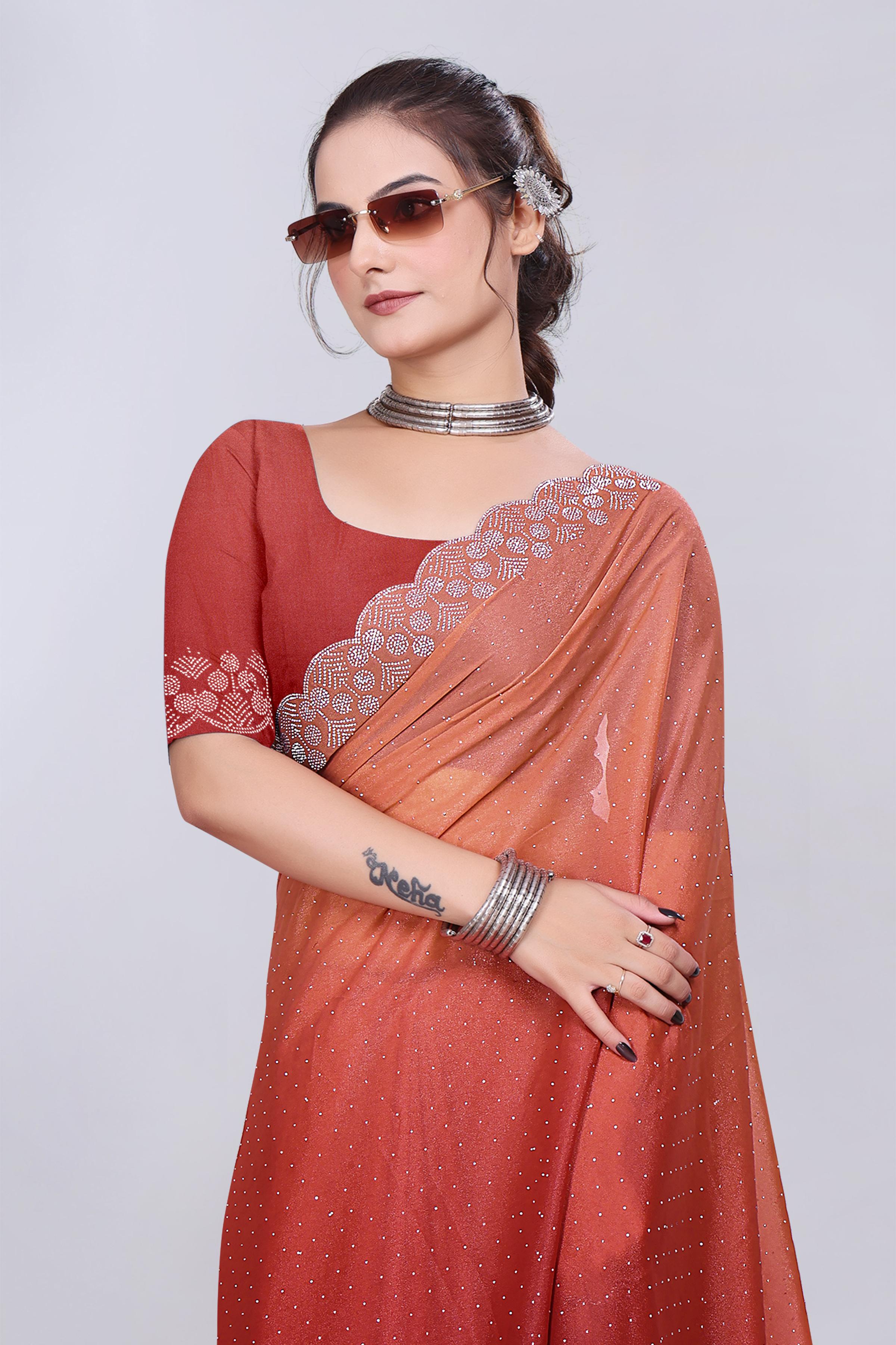 Rust Orange Diamond Work Chiffon Designer Saree