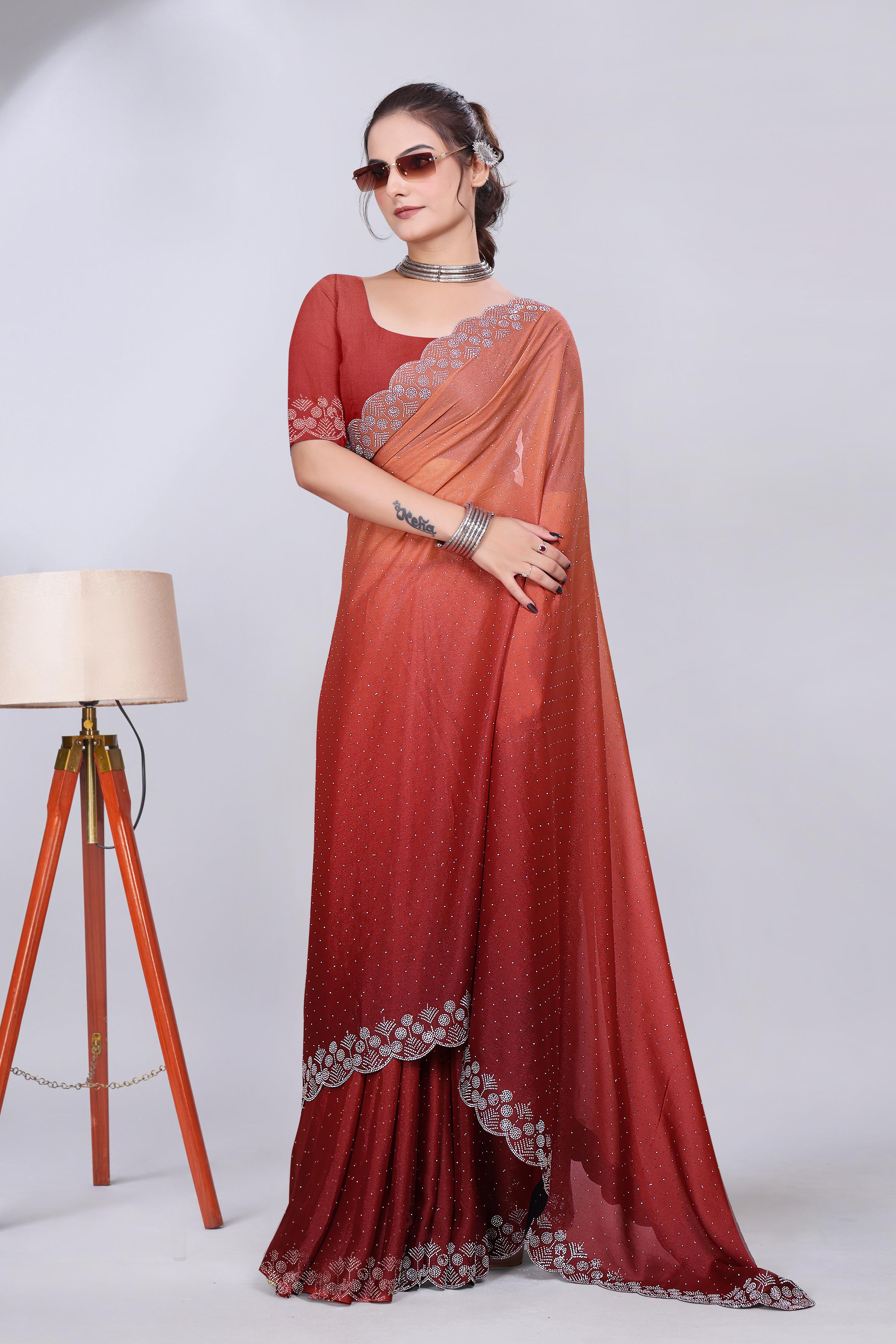 Rust Orange Diamond Work Chiffon Designer Saree