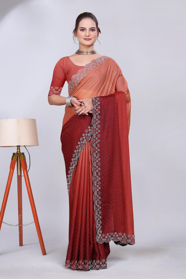 Rust Orange Diamond Work Chiffon Designer Saree