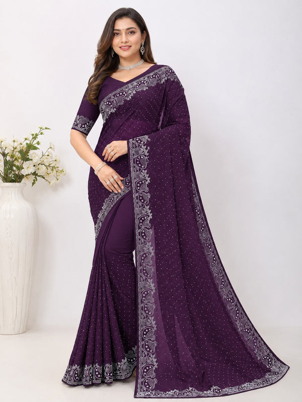 Purple Pot Style Stone Work Saree with Designer Stone Border