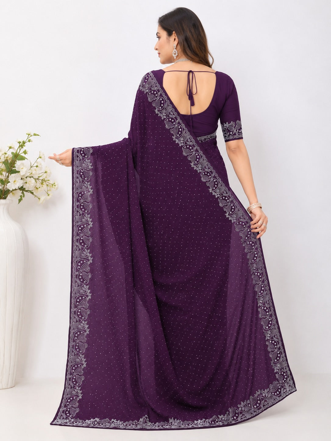 Purple Pot Style Stone Work Saree with Designer Stone Border