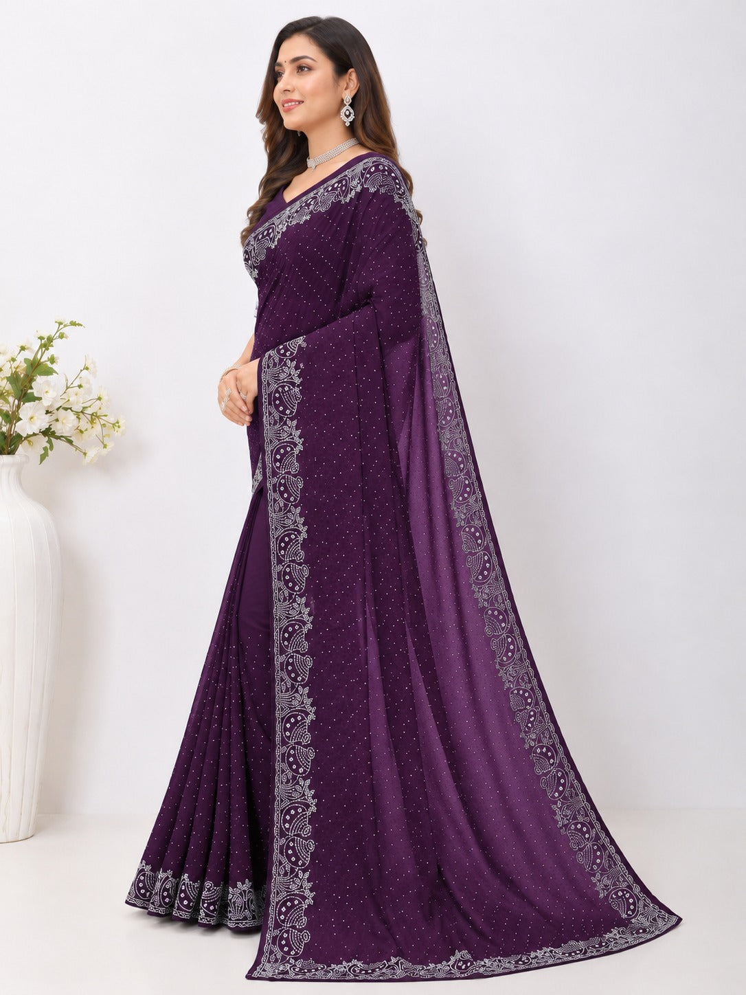 Purple Pot Style Stone Work Saree with Designer Stone Border