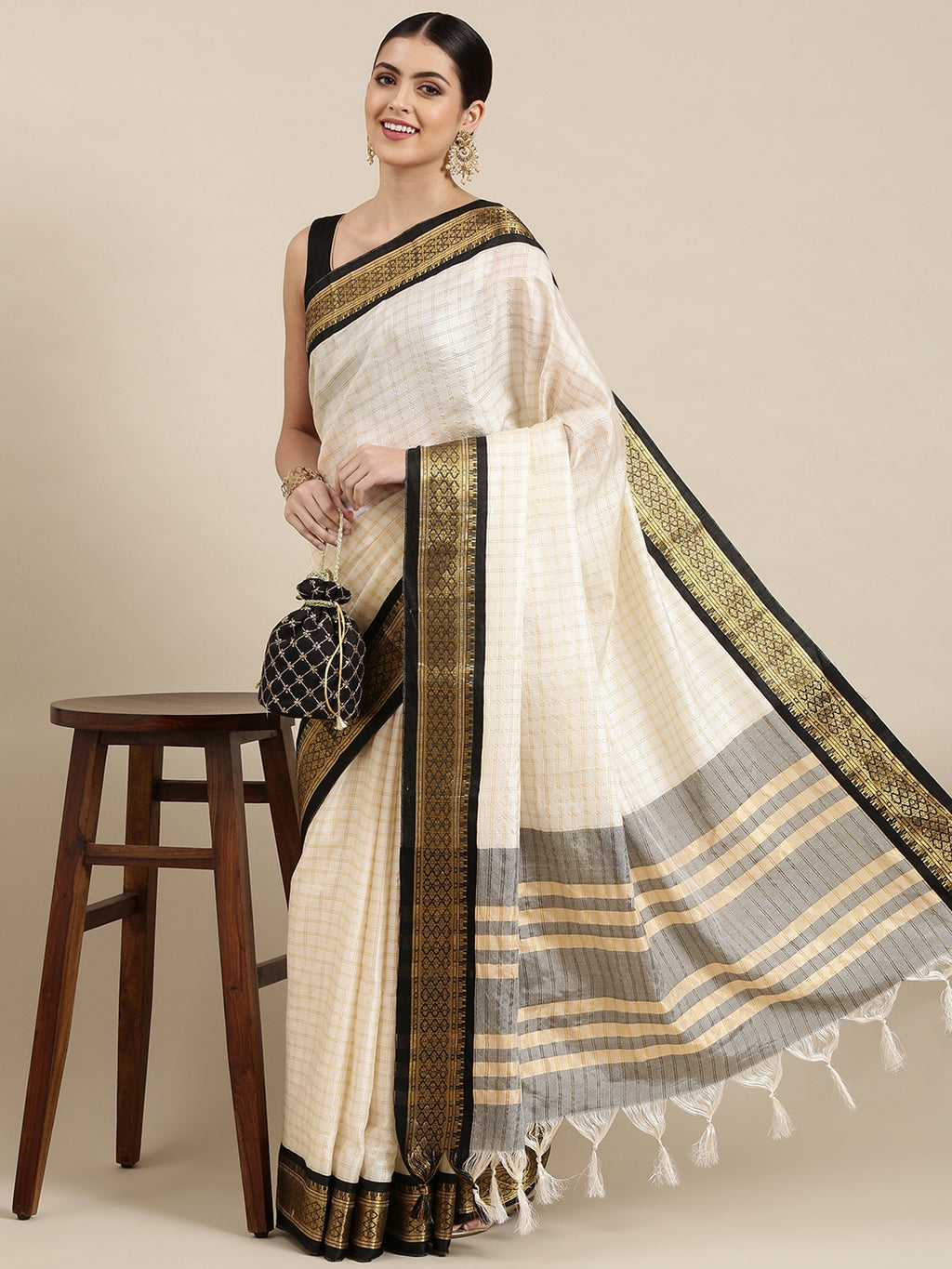 Checkered, Embellished, Woven Bollywood Cotton Silk, Jacquard Saree  (White, Gold)
