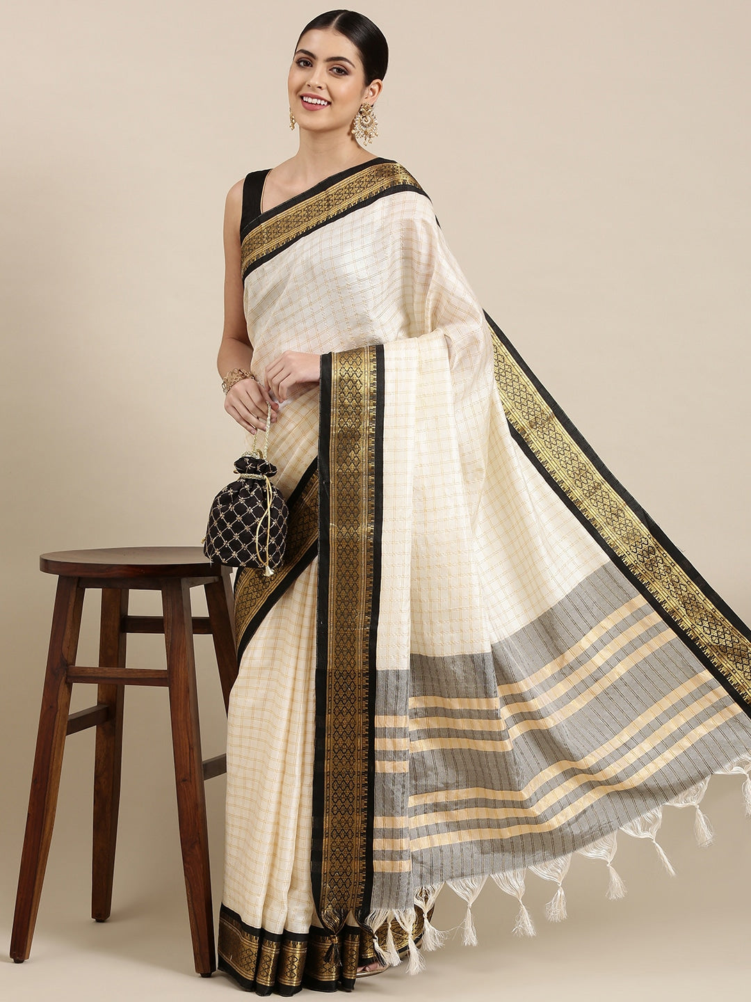 Checkered, Embellished, Woven Bollywood Cotton Silk, Jacquard Saree  (White, Gold)