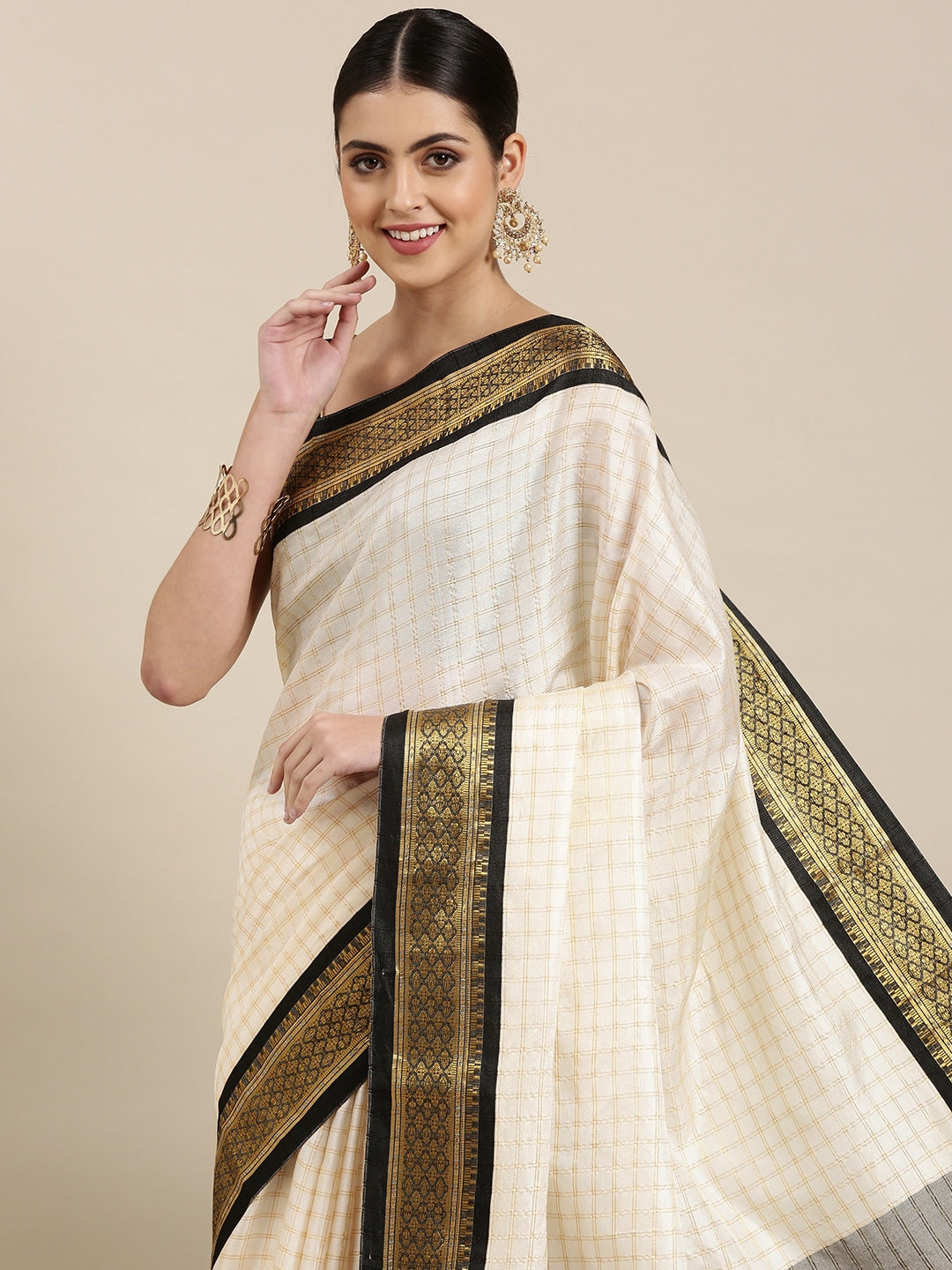 Checkered, Embellished, Woven Bollywood Cotton Silk, Jacquard Saree  (White, Gold)