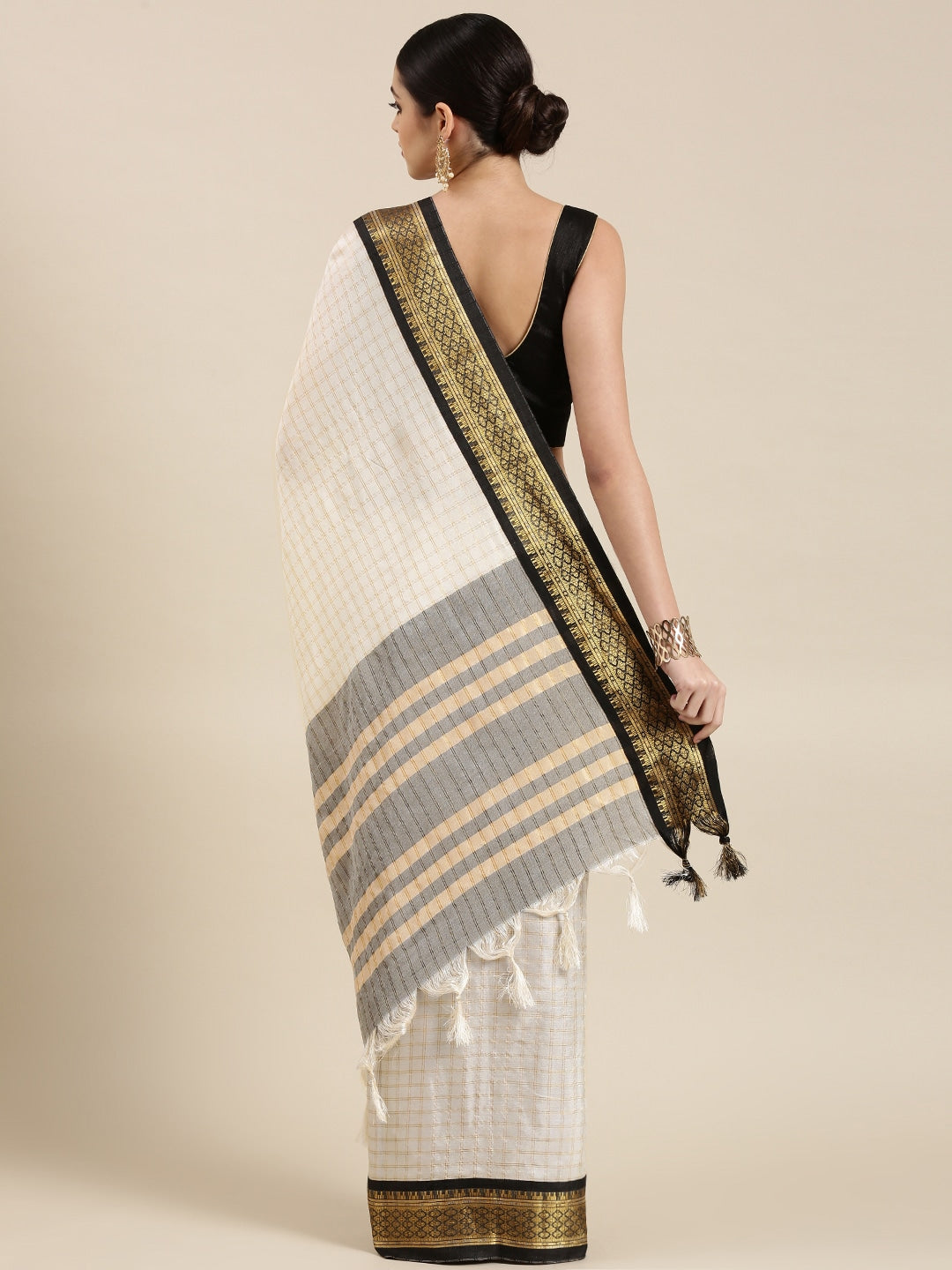 Checkered, Embellished, Woven Bollywood Cotton Silk, Jacquard Saree  (White, Gold)