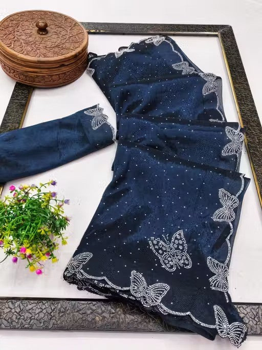 Navy Blue Shimmer Tissue Saree with Butterfly Hotfix Lace Border