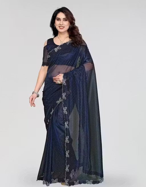 Navy Blue Shimmer Tissue Saree with Butterfly Hotfix Lace Border