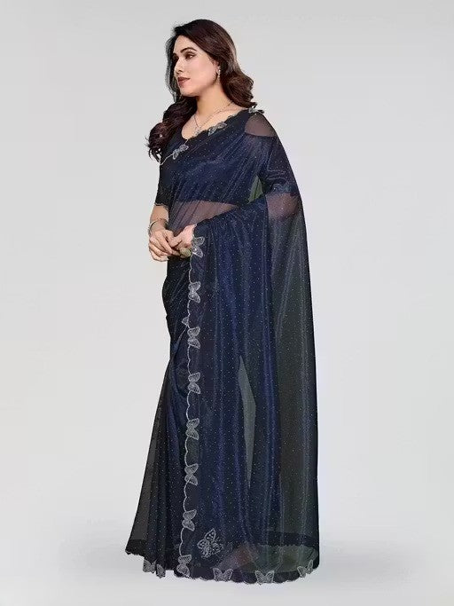 Navy Blue Shimmer Tissue Saree with Butterfly Hotfix Lace Border