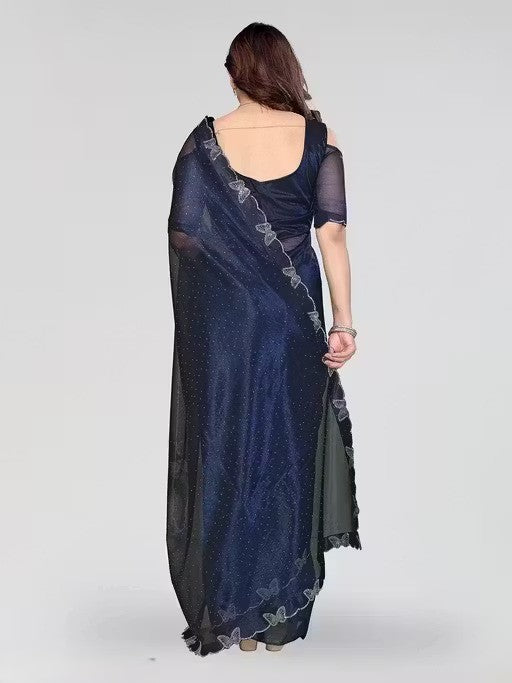 Navy Blue Shimmer Tissue Saree with Butterfly Hotfix Lace Border