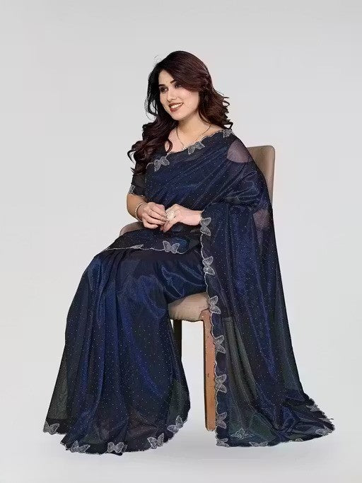 Navy Blue Shimmer Tissue Saree with Butterfly Hotfix Lace Border