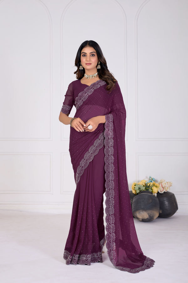 Purple Stone Work Saree with Designer Stone Border