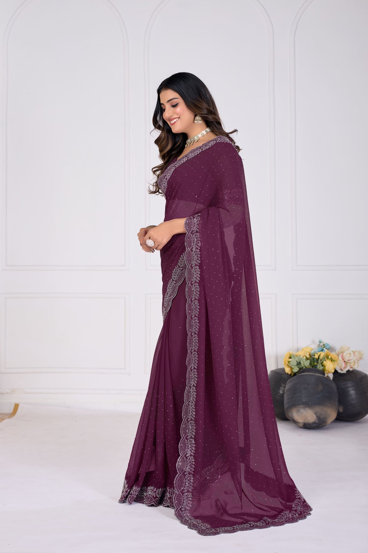 Purple Stone Work Saree with Designer Stone Border