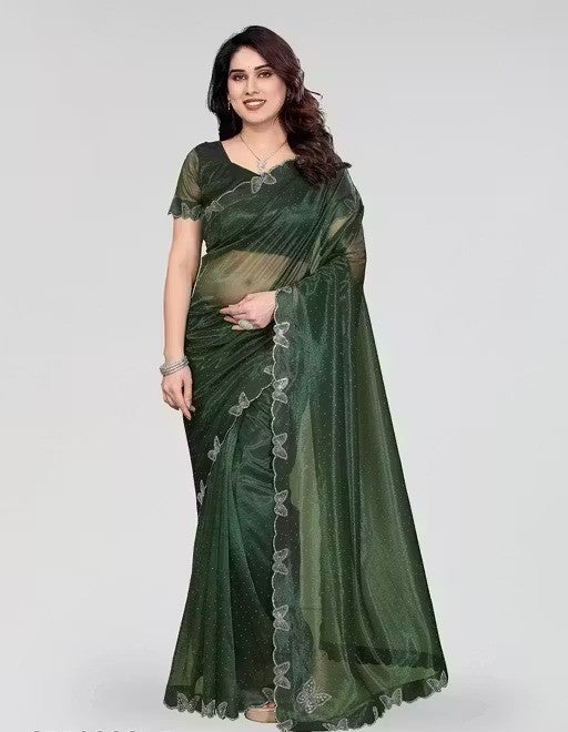 Green Shimmer Tissue Saree with Butterfly Hotfix Lace Border