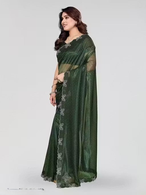 Green Shimmer Tissue Saree with Butterfly Hotfix Lace Border
