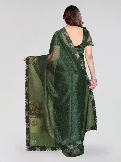Green Shimmer Tissue Saree with Butterfly Hotfix Lace Border