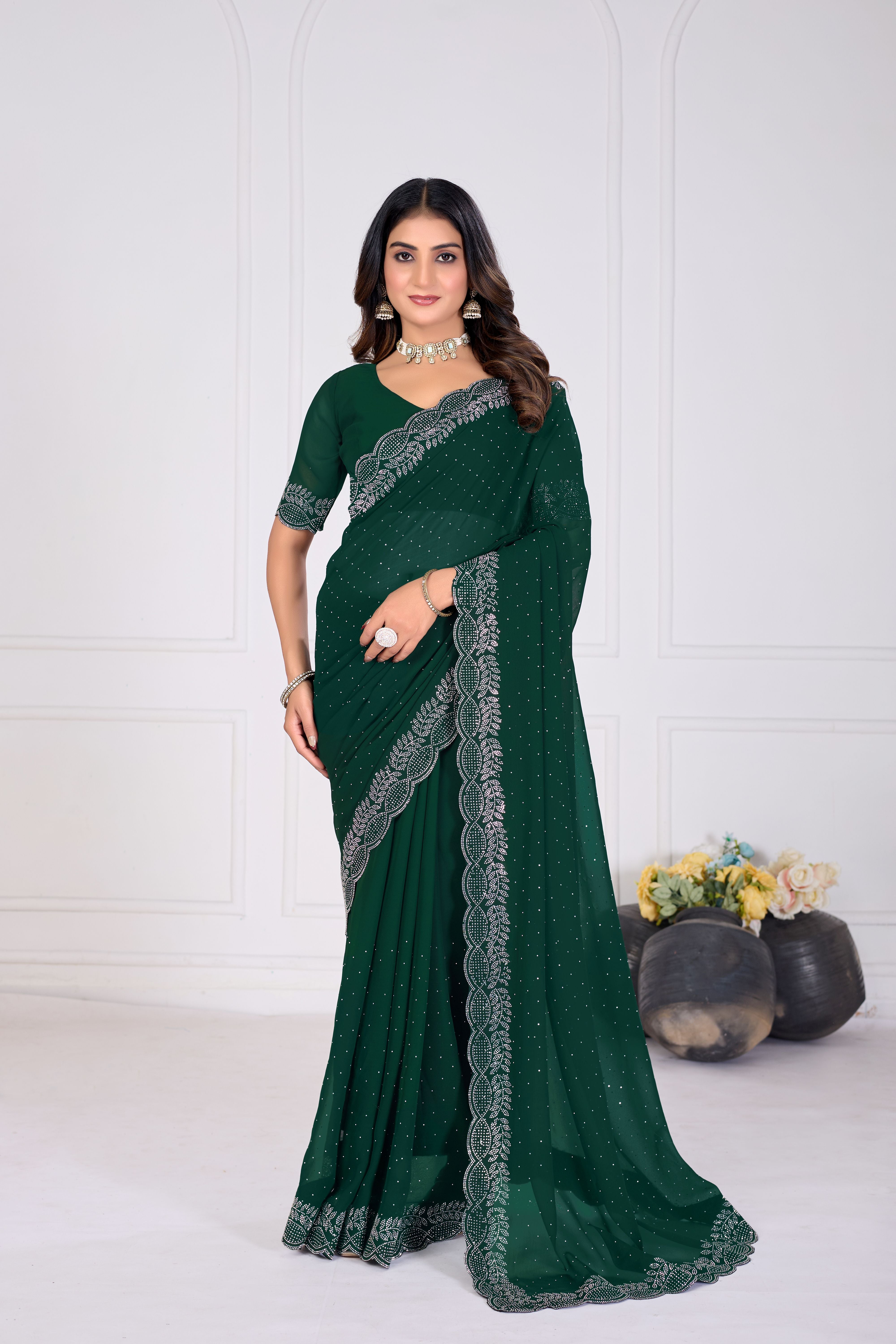 Green Stone Work Saree with Designer Stone Border