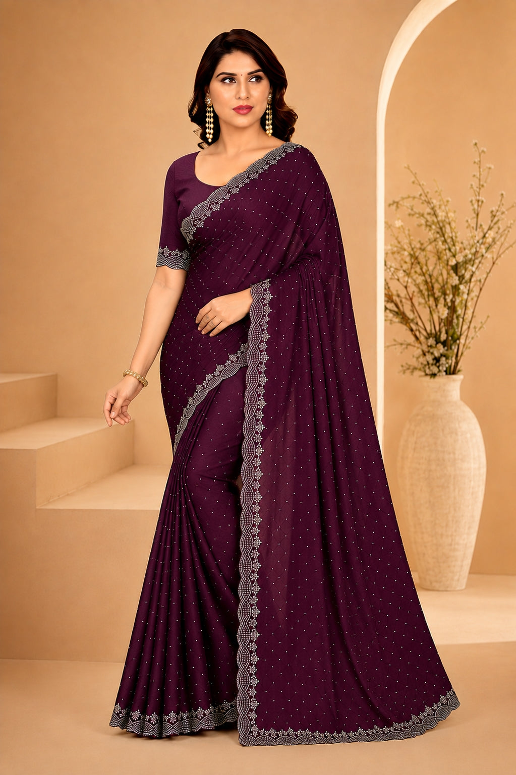 Wine Purple Hotfix Stone Work Saree with Designer Stone Border