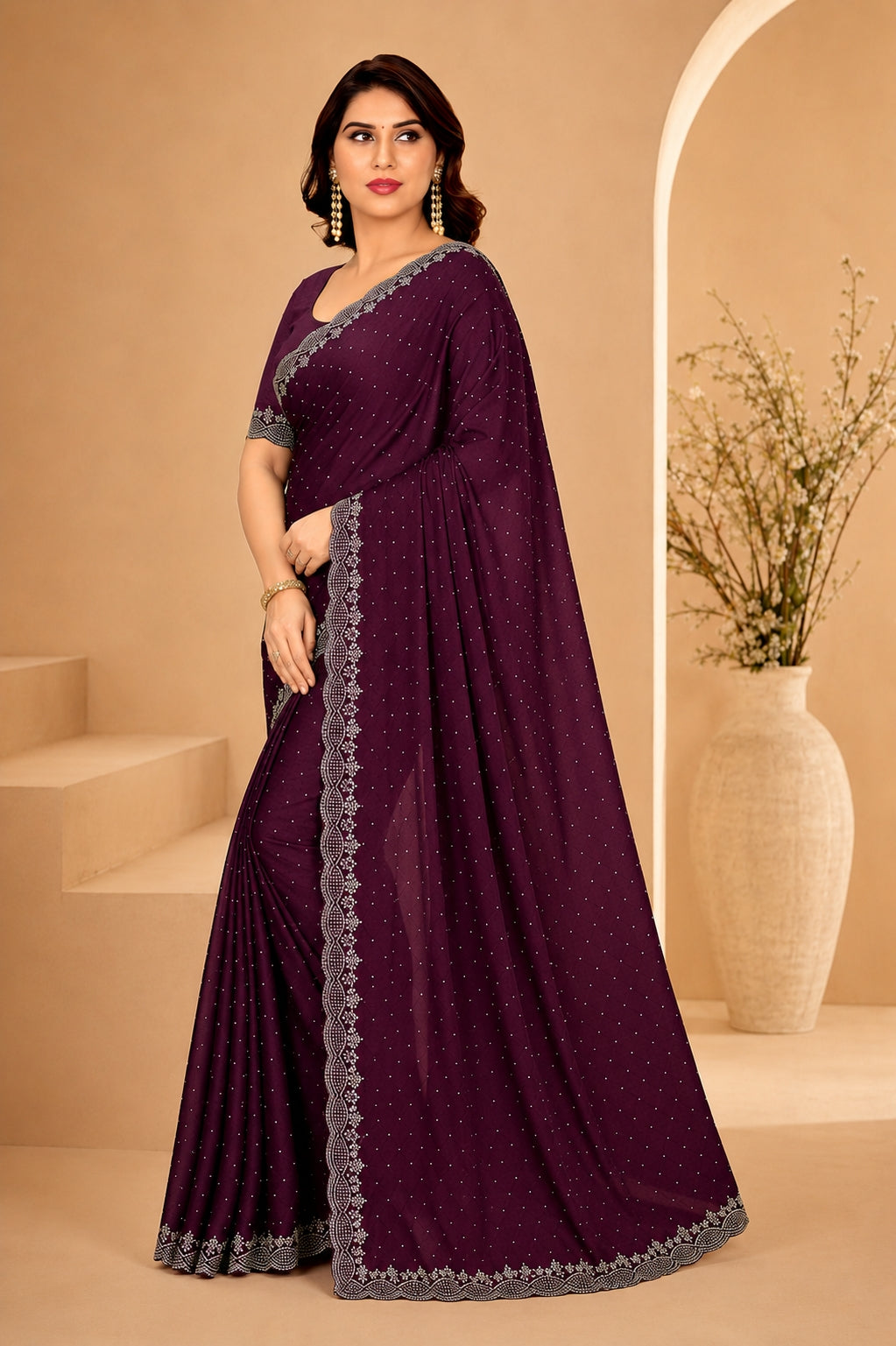 Wine Purple Hotfix Stone Work Saree with Designer Stone Border