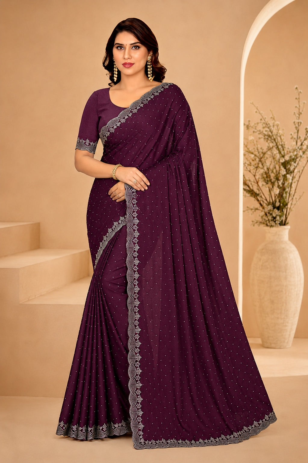Wine Purple Hotfix Stone Work Saree with Designer Stone Border