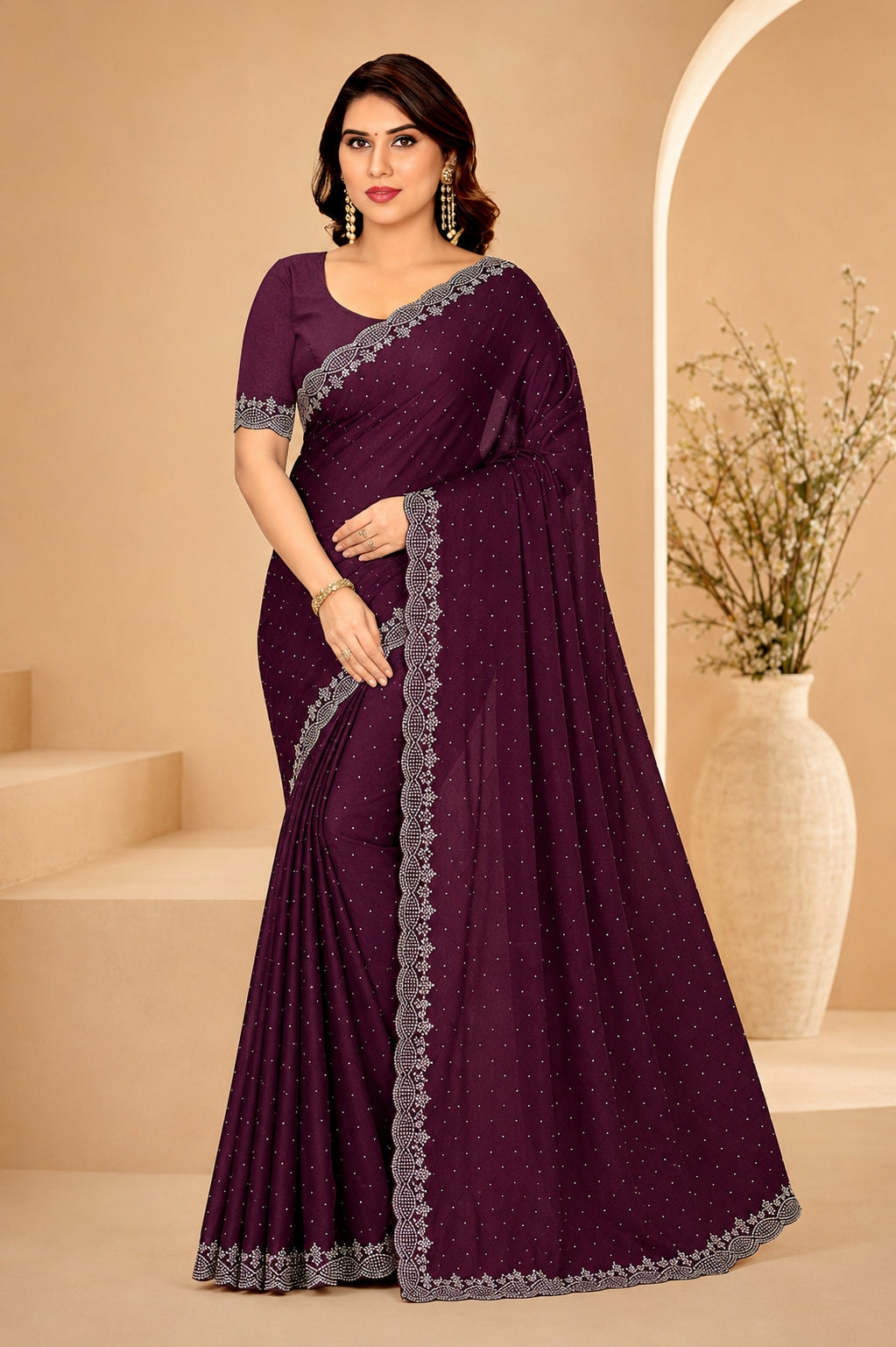 Wine Purple Hotfix Stone Work Saree with Designer Stone Border