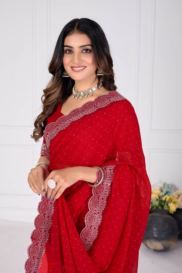 Red Stone Work Saree with Designer Stone Border