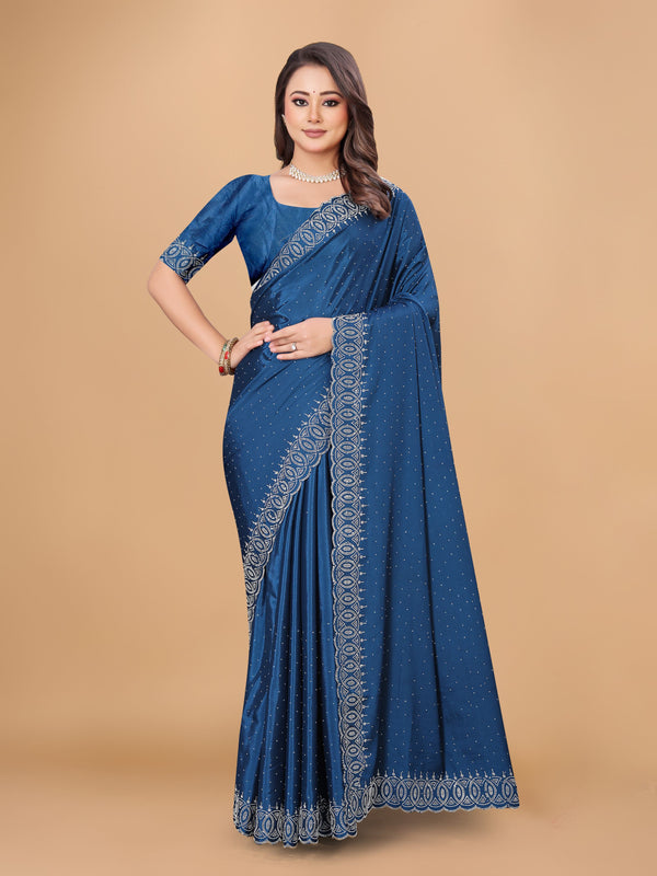 Steel Blue Georgette Diamond Work Party Wear Saree
