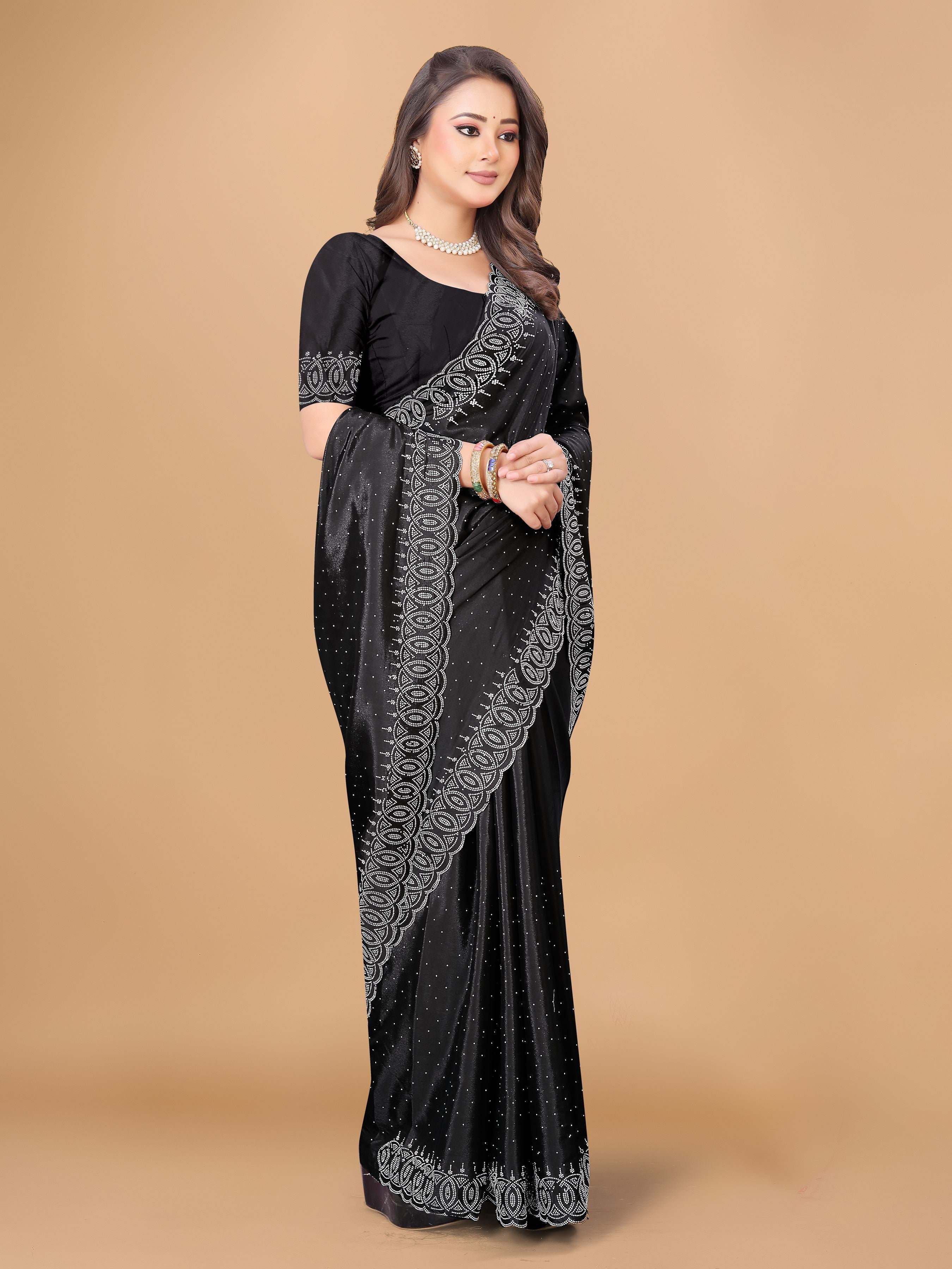 Black Georgette Diamond Work Party Wear Saree