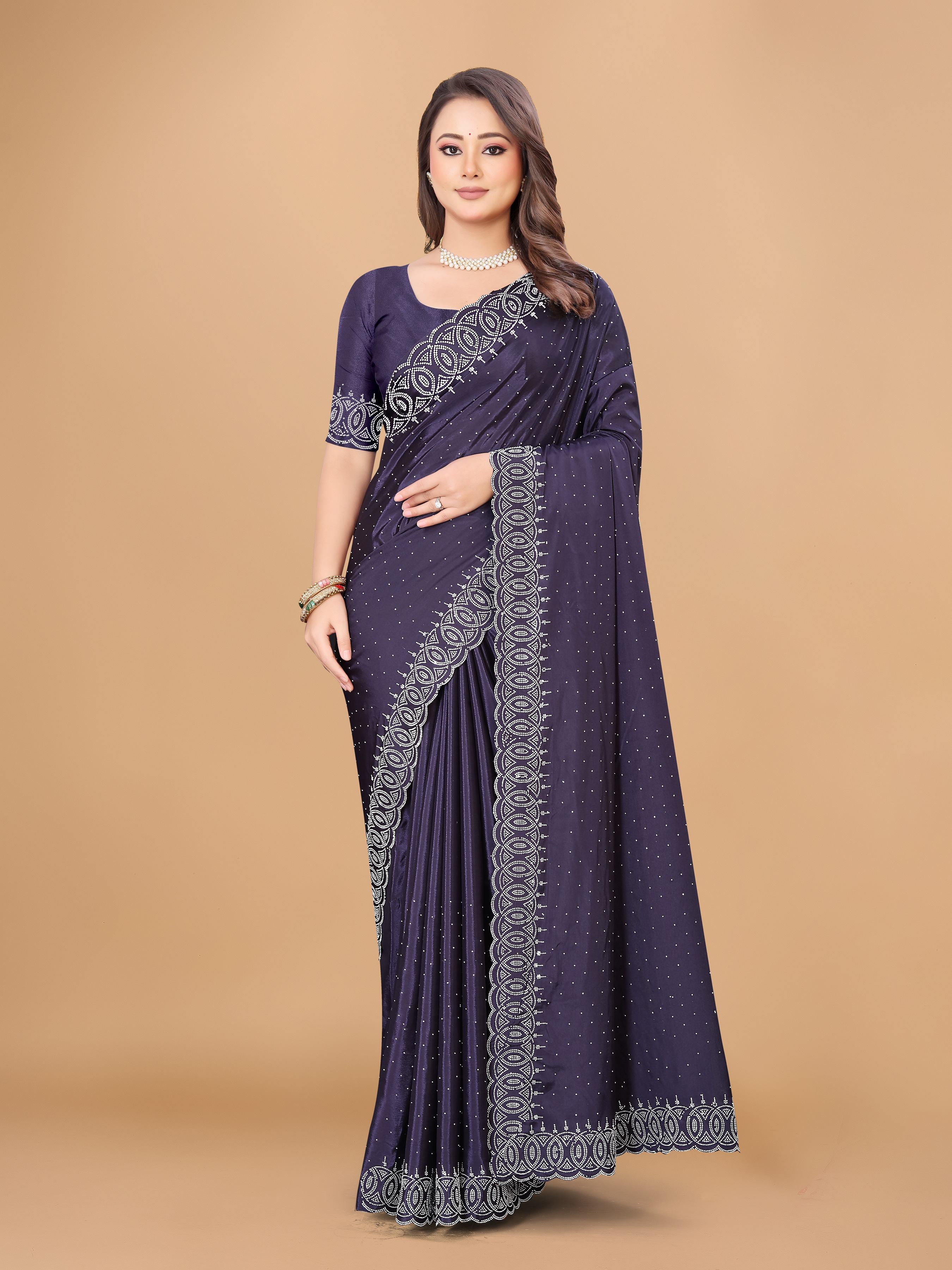 Indigo Purple Georgette Diamond Work Party Wear Saree