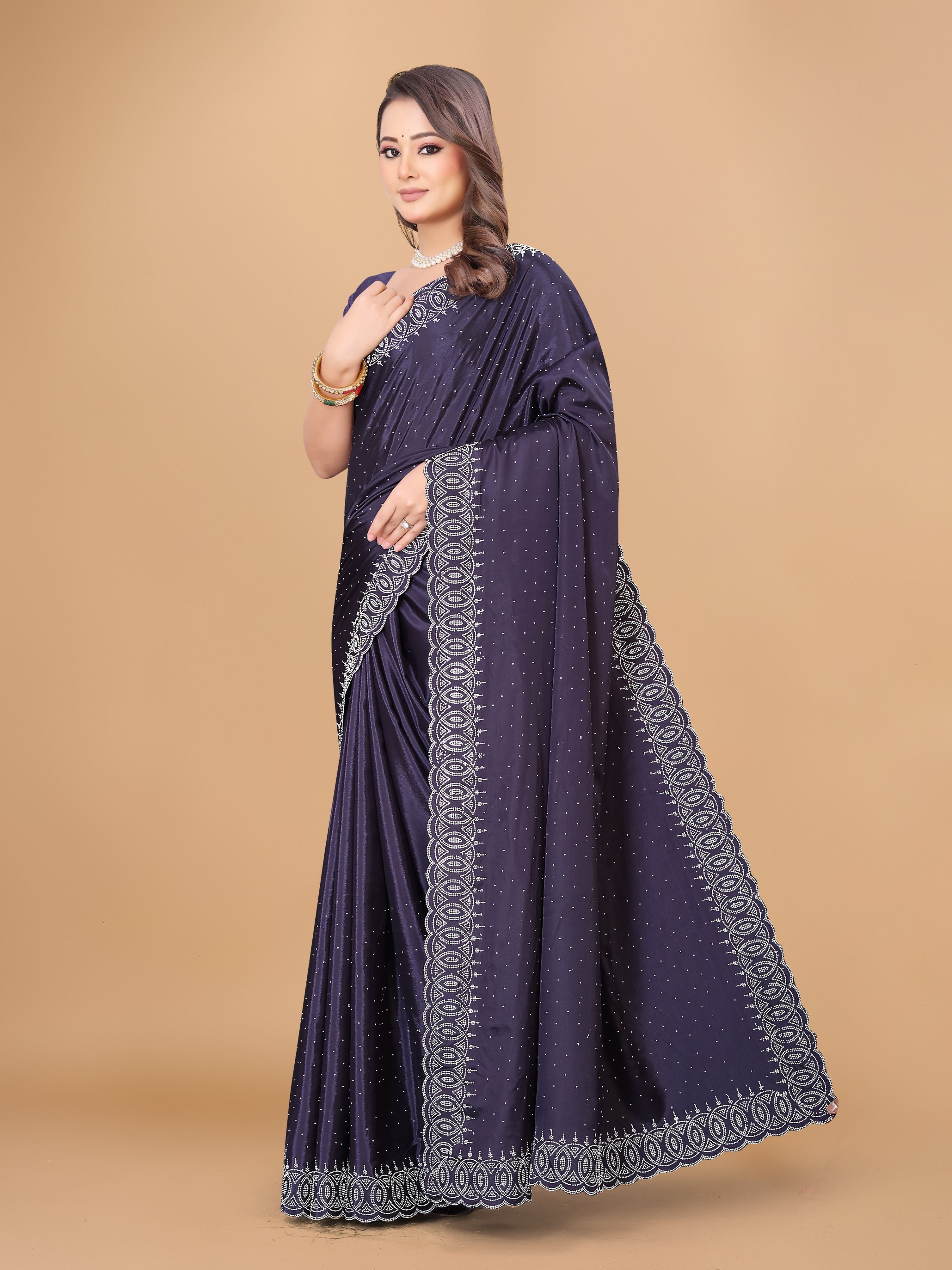 Indigo Purple Georgette Diamond Work Party Wear Saree