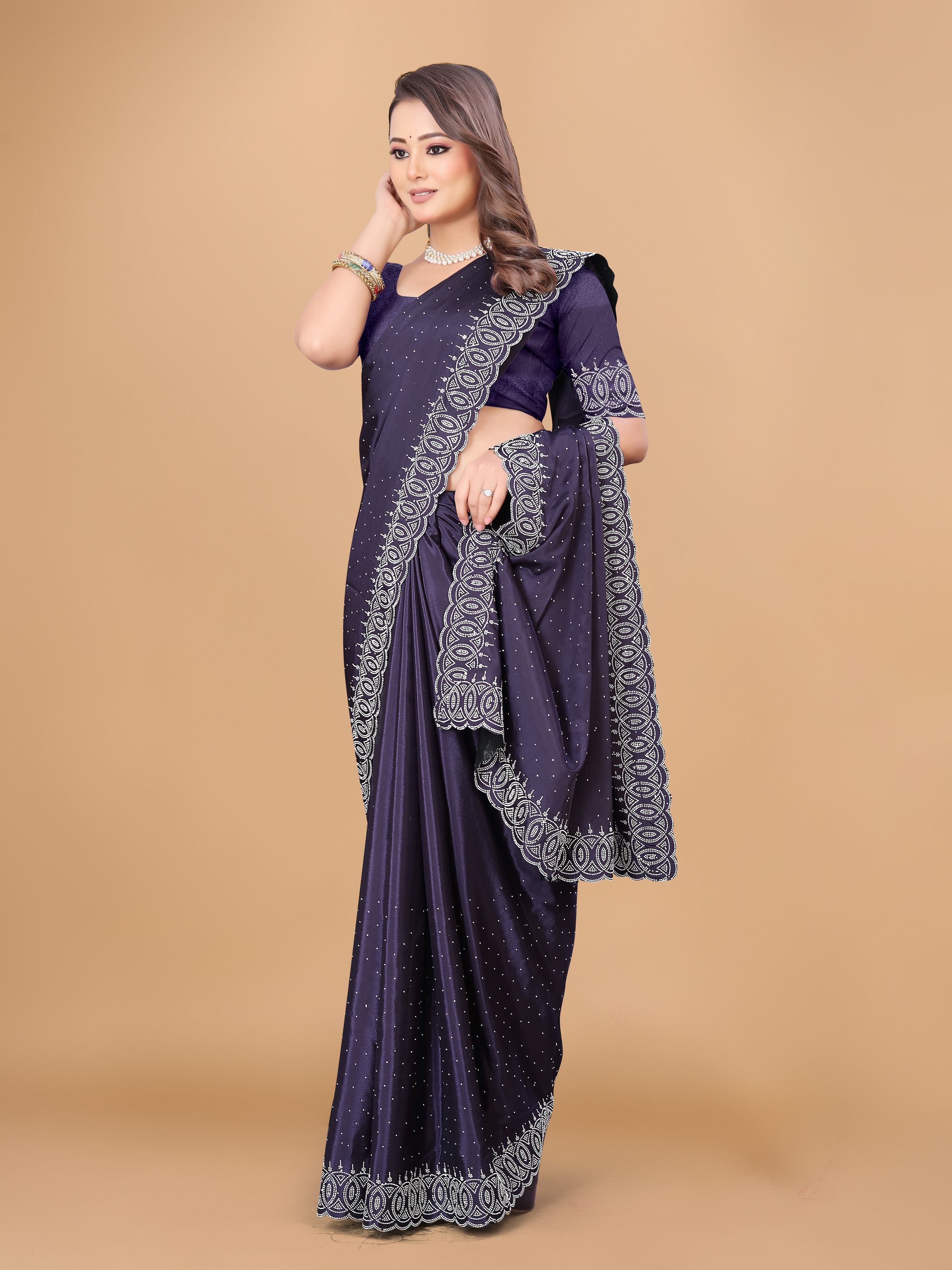Indigo Purple Georgette Diamond Work Party Wear Saree
