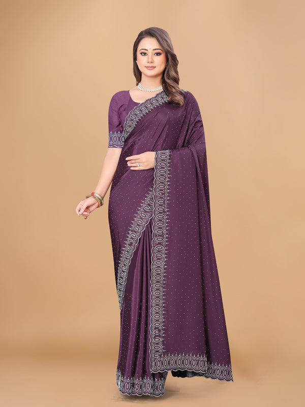 Plum Purple Georgette Diamond Work Party Wear Saree