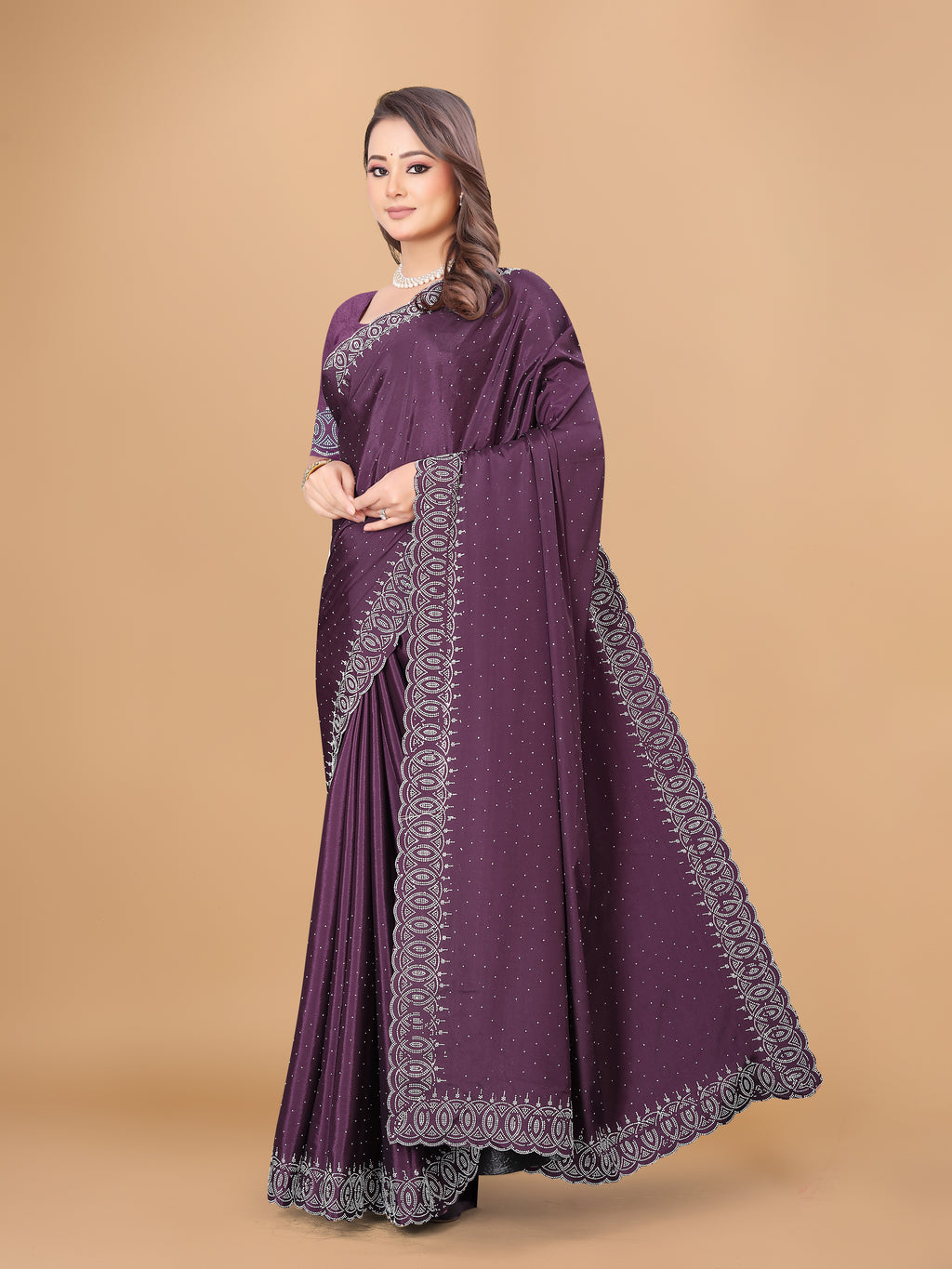 BEAUTIFUL DIAMOND WORK CREPE SAREE WITH BLOUSE