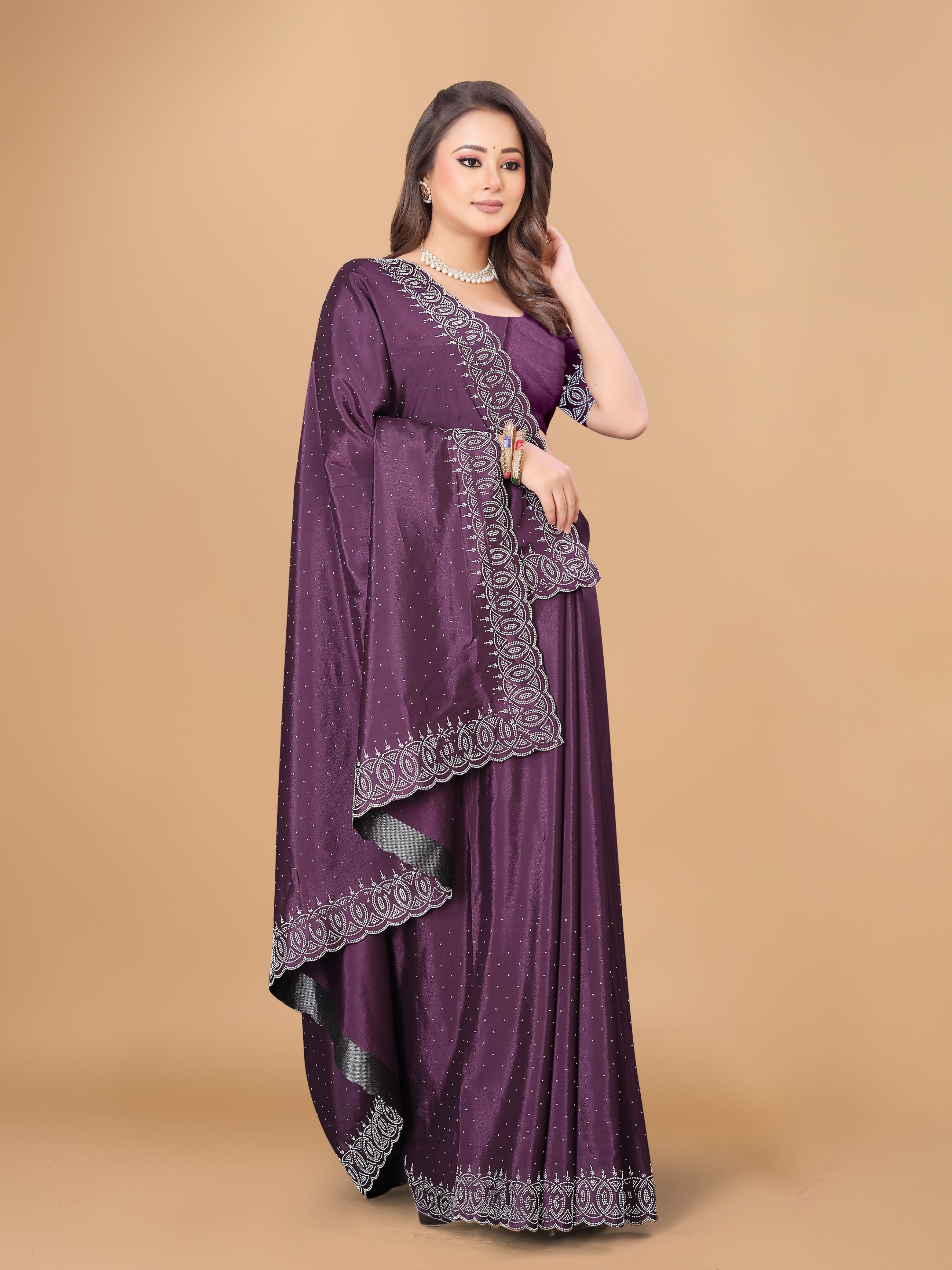 Plum Purple Georgette Diamond Work Party Wear Saree