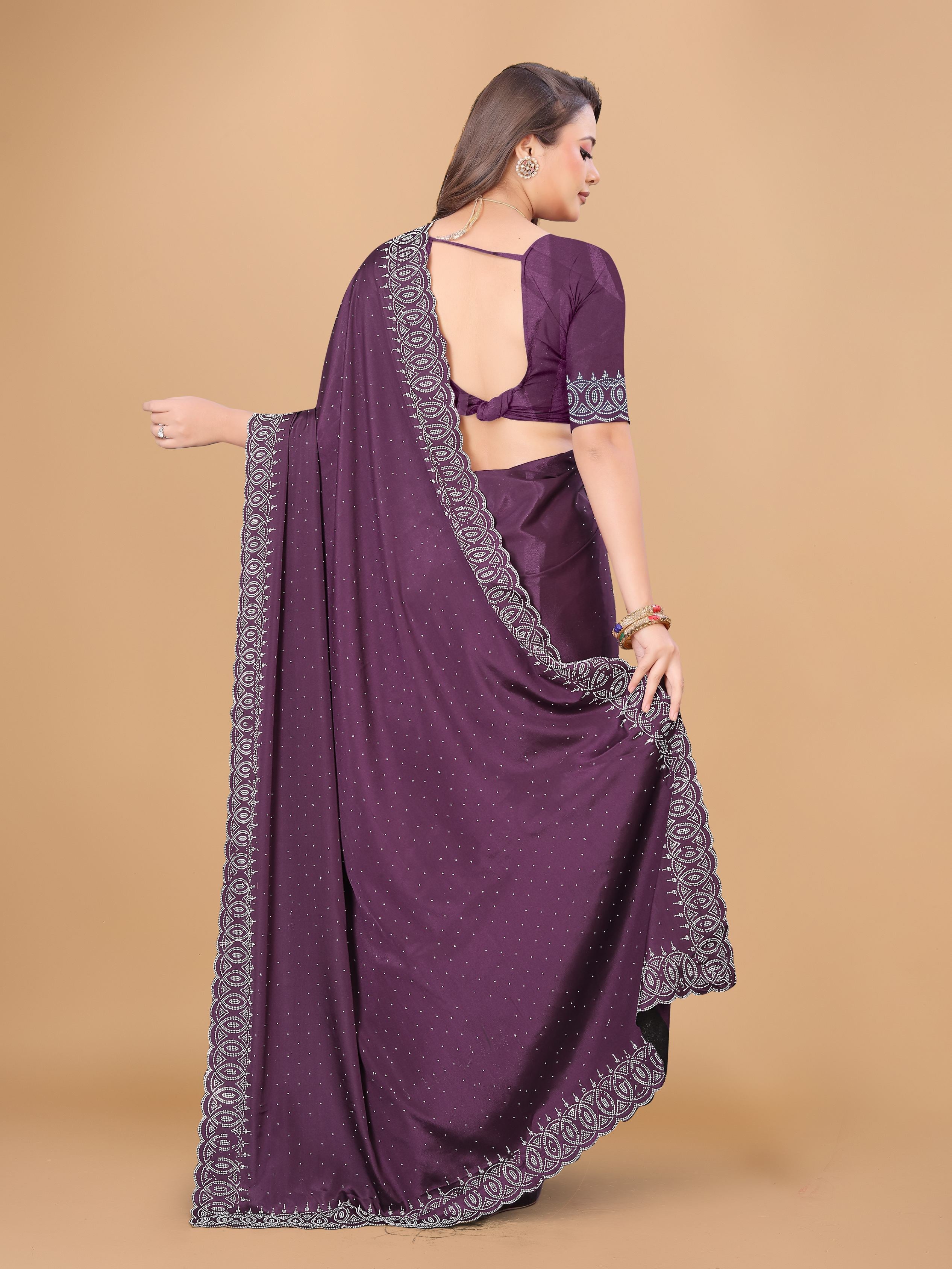 Plum Purple Georgette Diamond Work Party Wear Saree