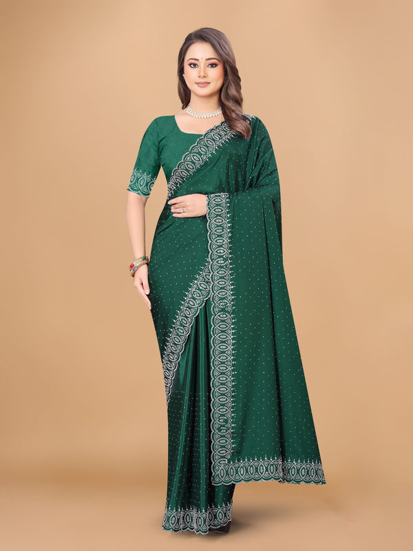 Bottle Green Georgette Diamond Work Party Wear Saree