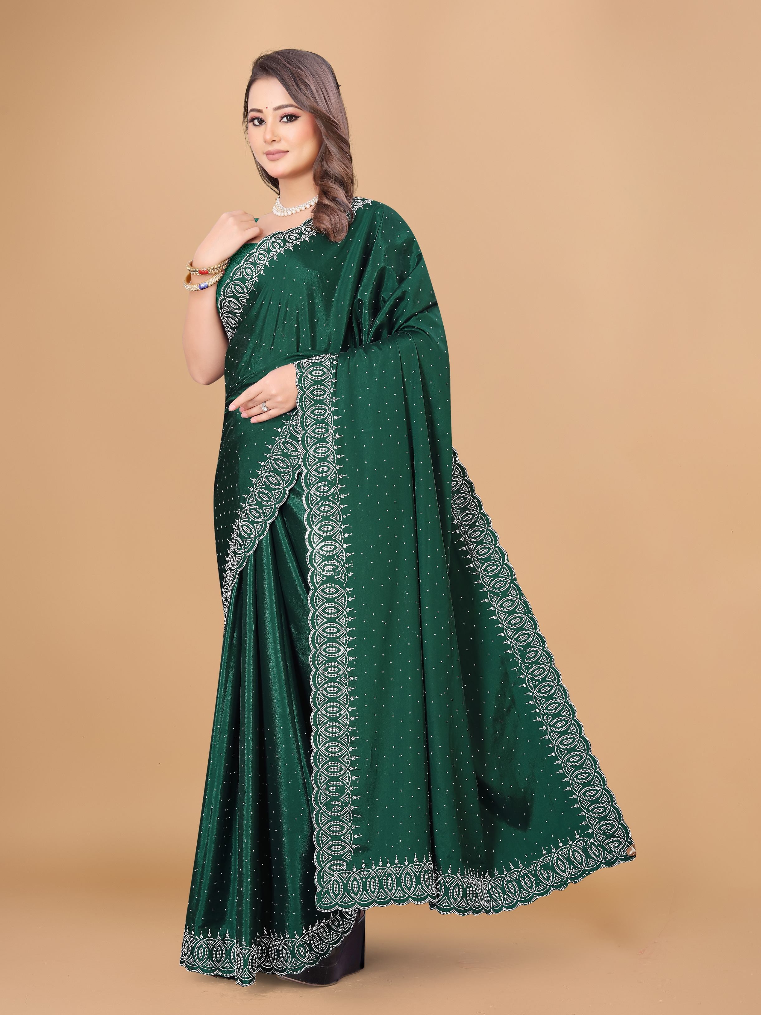 Bottle Green Georgette Diamond Work Party Wear Saree