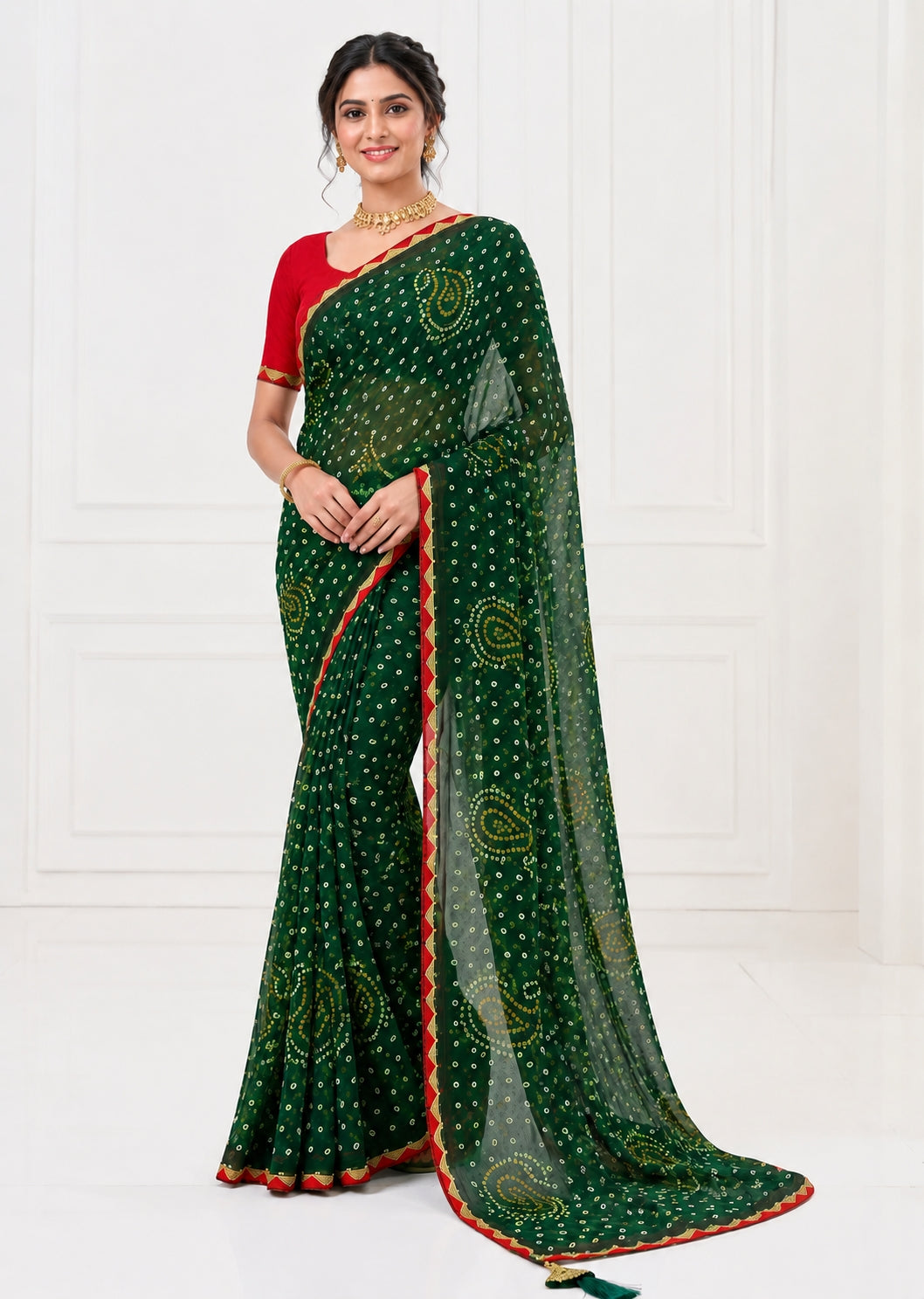 Green Bandhani Printed Saree with Tassel Border & Contrast Blouse Piece