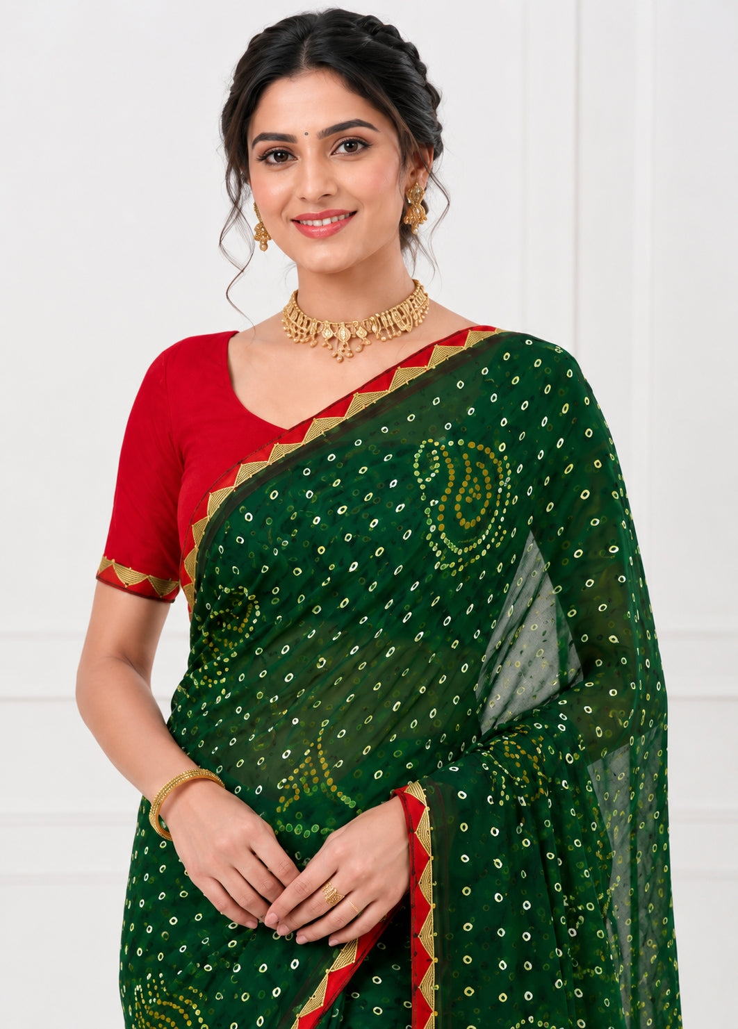 Green Bandhani Printed Saree with Tassel Border & Contrast Blouse Piece
