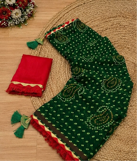 Green Bandhani Printed Saree with Tassel Border & Contrast Blouse Piece
