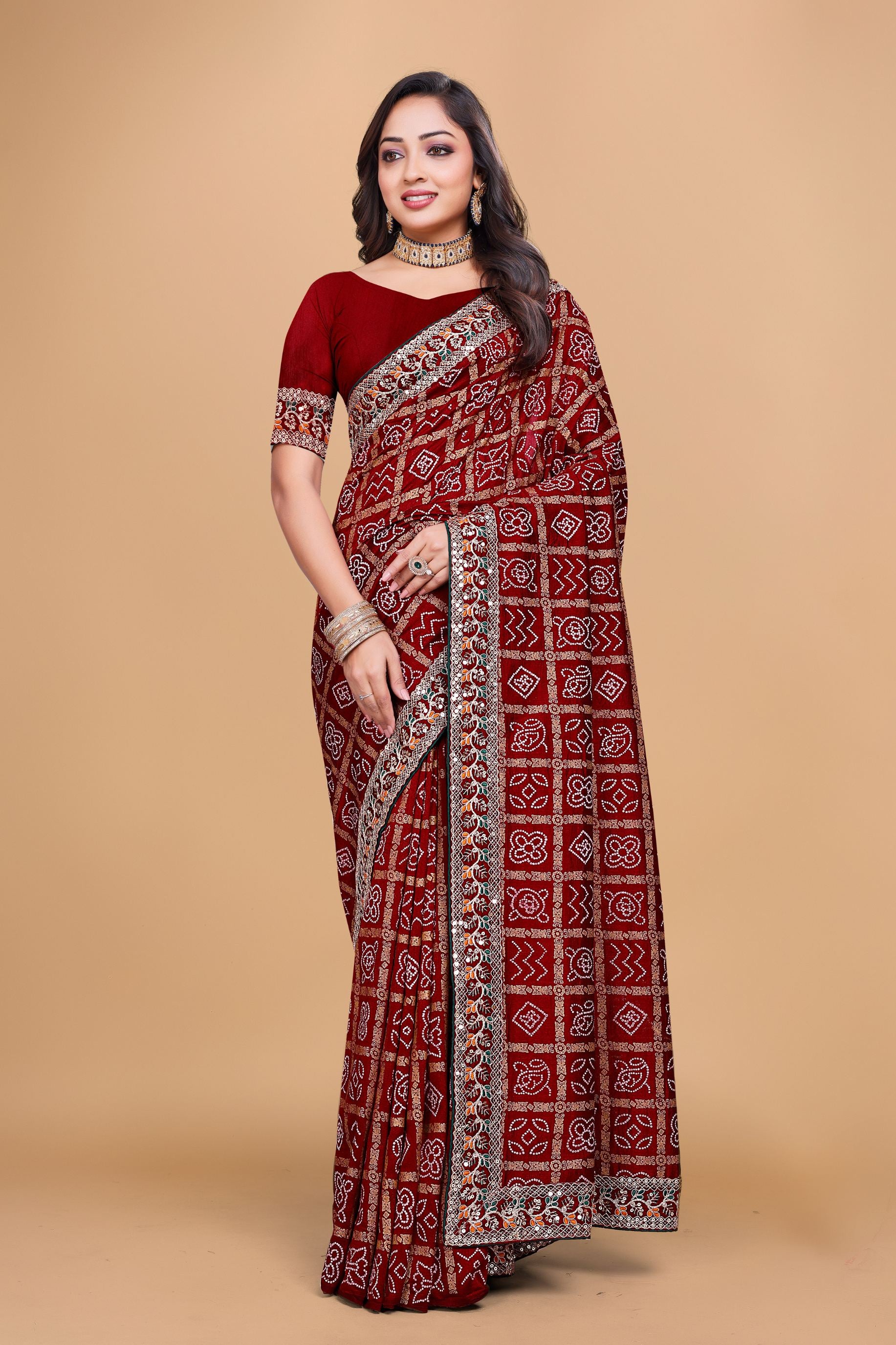 Red Designer Bandhani Print Georgette Saree with Fancy Lace Border