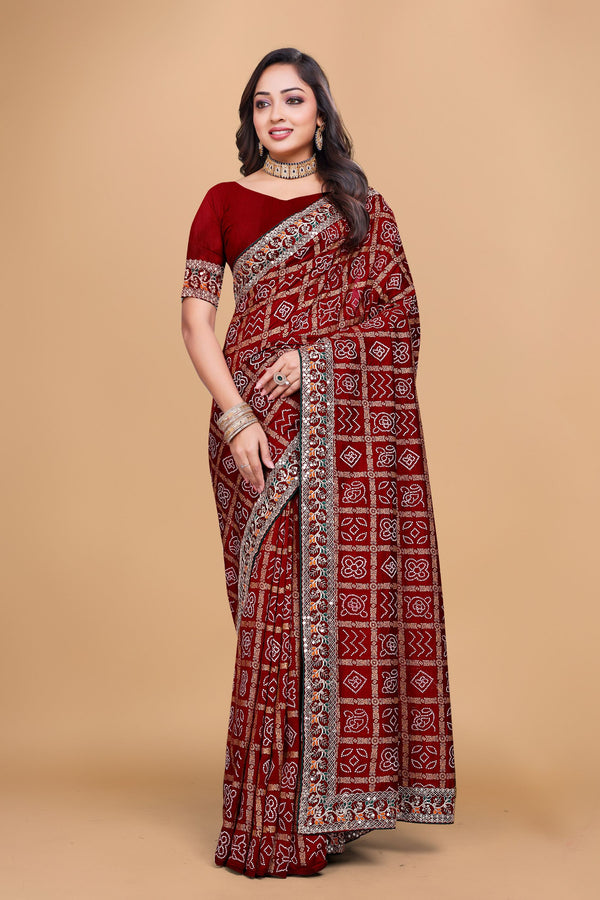Red Designer Bandhani Print Georgette Saree with Fancy Lace Border