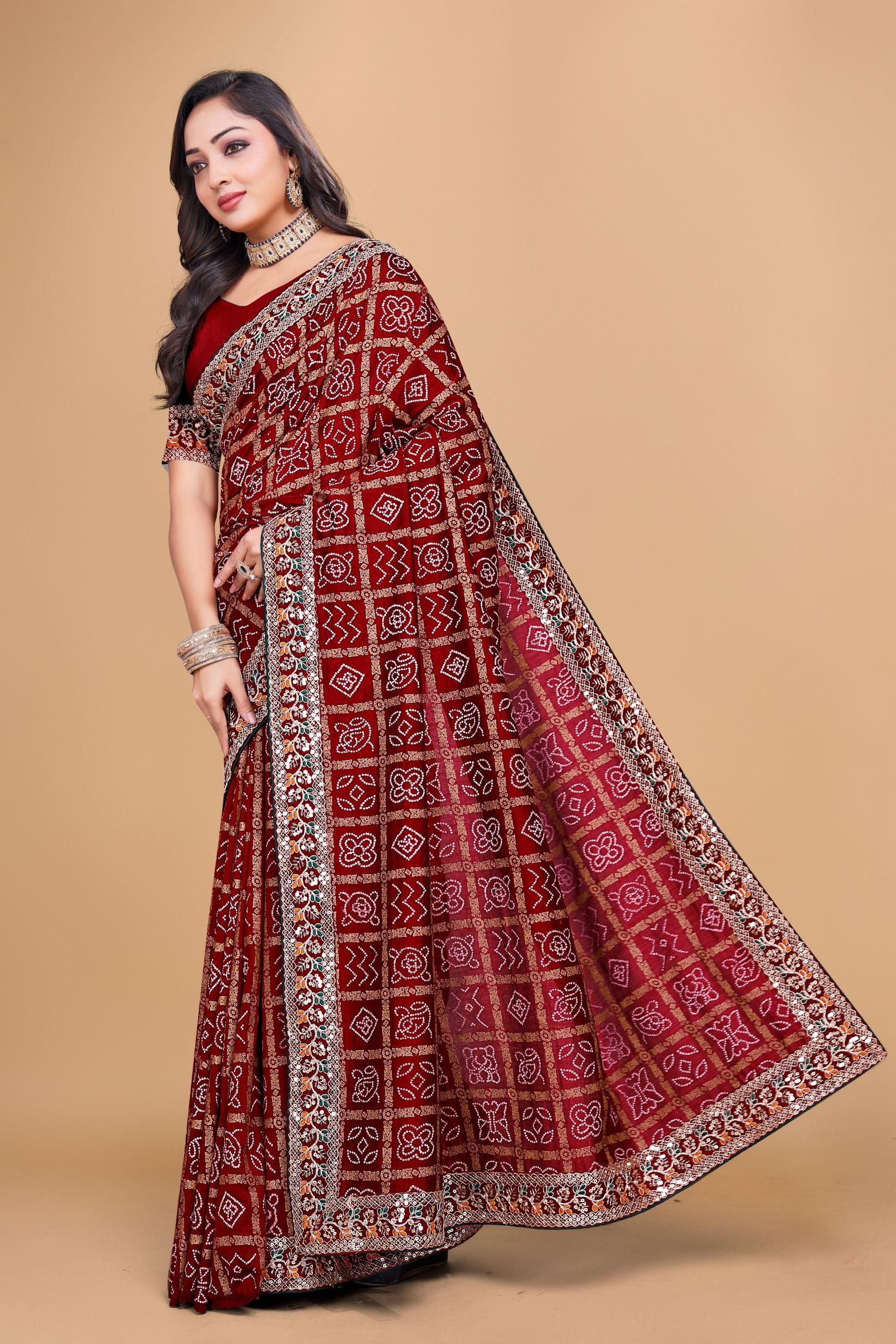 Red Designer Bandhani Print Georgette Saree with Fancy Lace Border