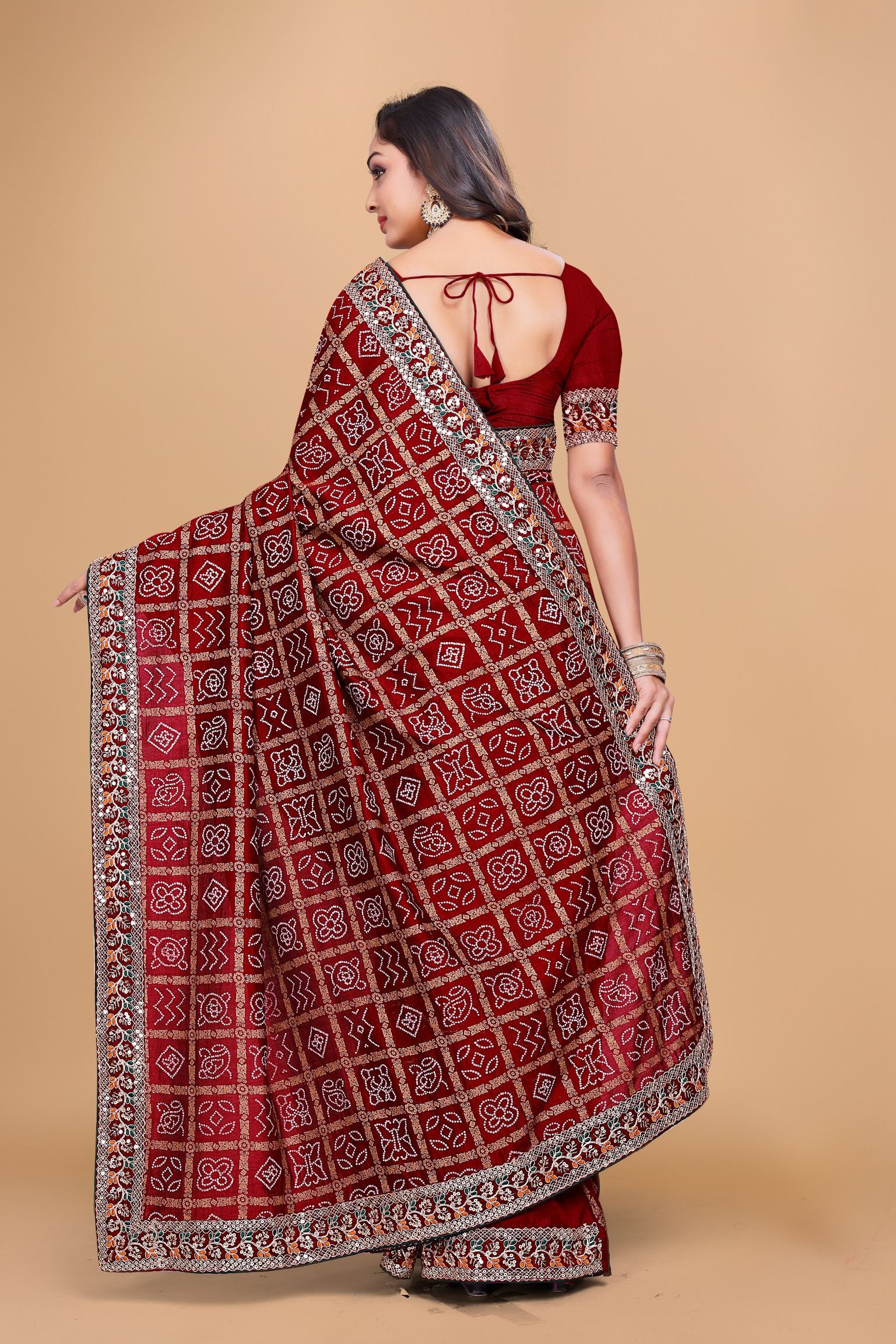 Red Designer Bandhani Print Georgette Saree with Fancy Lace Border