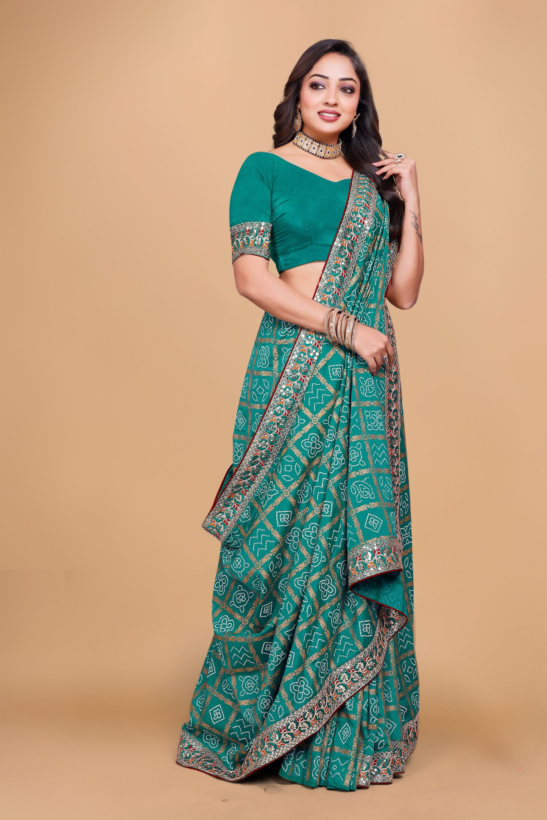 Rama Designer Bandhani Print Georgette Saree with Fancy Lace Border